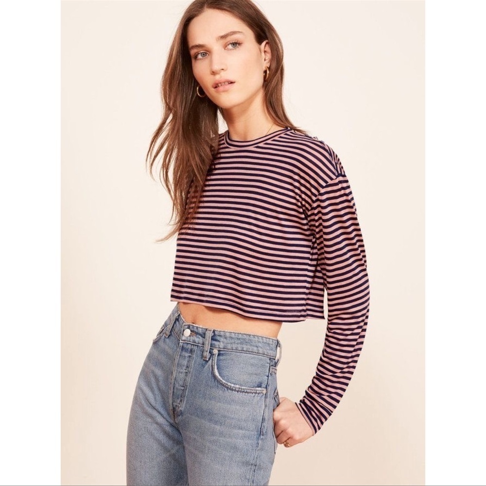 Reformation Striped Long Sleeve Tee in Black and Pink